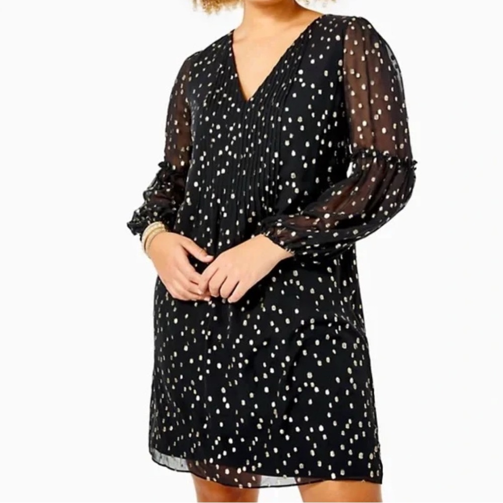 Lilly Pulitzer Black Long Sleeve Dress with White Dots Cleme silk size 2